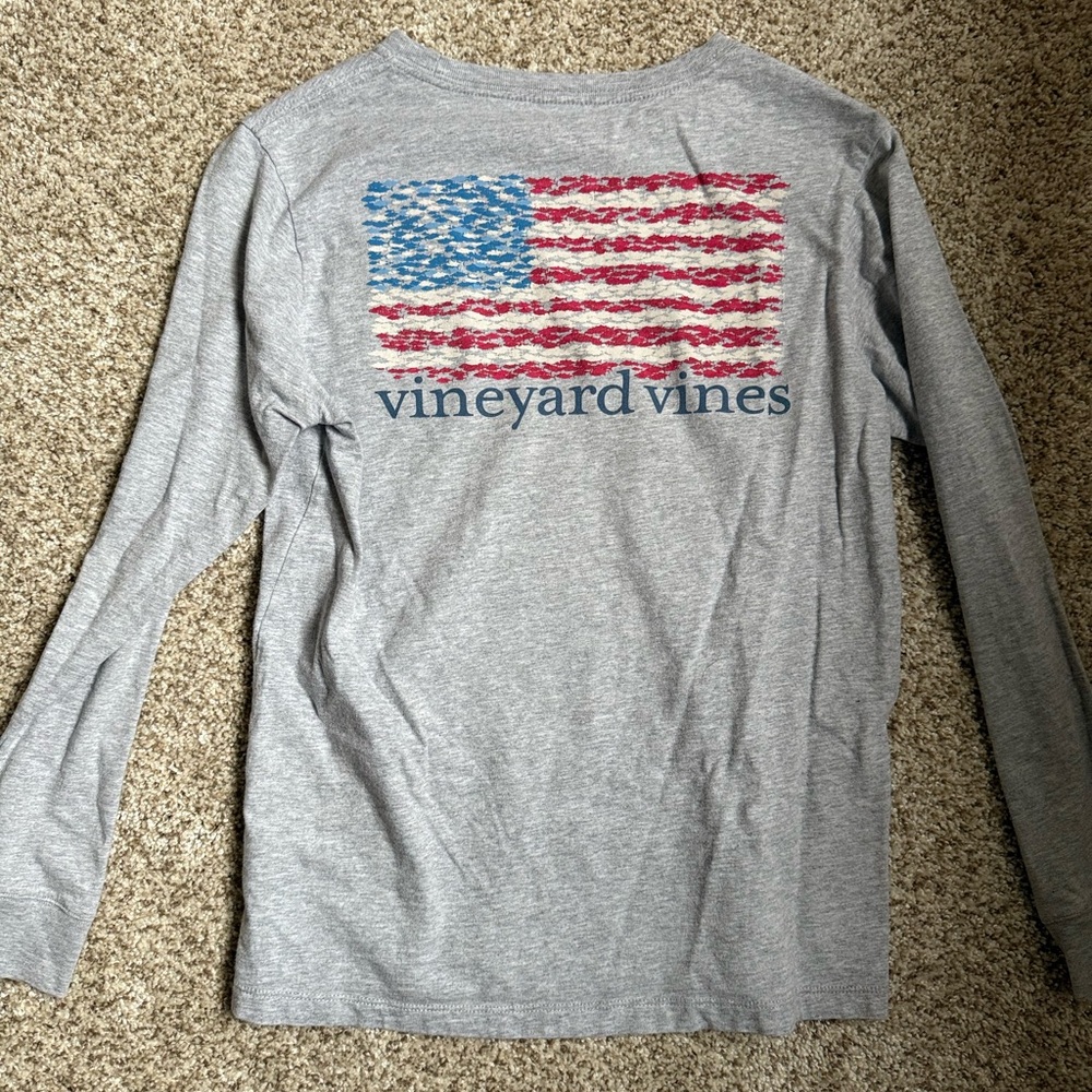 Vineyard Vines Boys Gray Long Sleeve Tee with American Flag